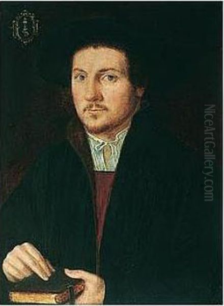 A Portrait Of A Man, Possibly A
Doctor, Half Length, Wearing A Black Fur-lined Cape, Black Hat And
Holding A Book - view 1