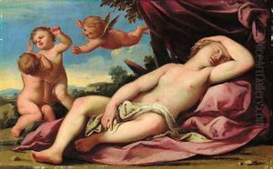 Venus sleeping in a landscape with putti playing nearby by Antonio Bellucci