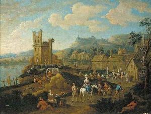 A river landscape with travellers passing through a village by Adriaen Frans Boudewijns