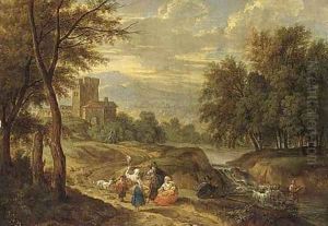 A mountain landscape with travellers on a path and a shepherd crossing a ford by Adriaen Frans Boudewijns