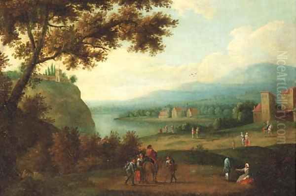Travellers on a path, a riverlandscape in the distance - view 1