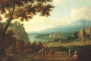 Travellers on a path, a riverlandscape in the distance by Adriaen Frans Boudewijns