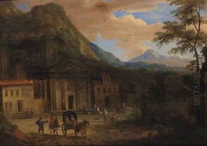 A Horse-drawn Cart ad Peasants before a Church, Mountains beyond by Adriaen Frans Boudewijns