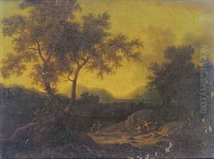 A wooded landcape with shepherds and other figures with a flock of sheep on a track by Adriaen Frans Boudewijns