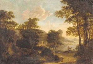 Shepherds on a track in an extensive landscape by Adriaen Frans Boudewijns
