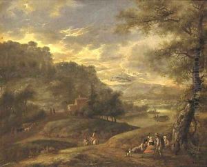 An extensive wooded river landscape with travellers resting on a path by Adriaen Frans Boudewijns
