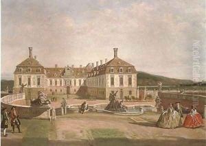 Elegant figures in the courtyard of a chateau