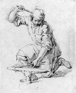 A blacksmith kneeling at his anvil