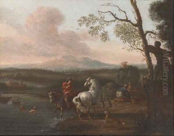 A riverside landscape with bathers and a horseman; and Figures at halt before a military encampment - view 1