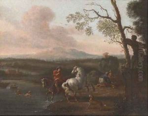 A riverside landscape with bathers and a horseman; and Figures at halt before a military encampment