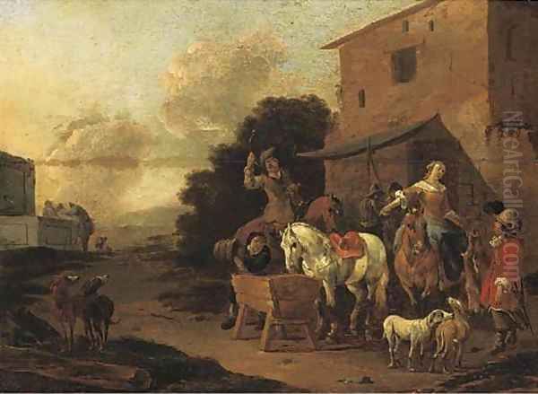 A village inn with a hunting party halting to water horses - view 1