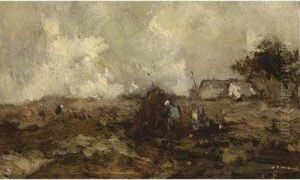A Landscape With Figures And A Farmhouse Under A Clouded Sky by Jules Brouwers