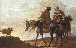 Mounted travellers with a dog on a mountain path by Pieter van Bloemen