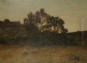 Sheep Grazing In A Landscape, A Farmstead Beyond by Alexander Kellock Brown