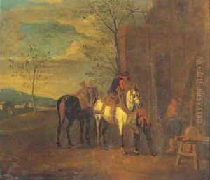 A blacksmith's yard with riders at halt