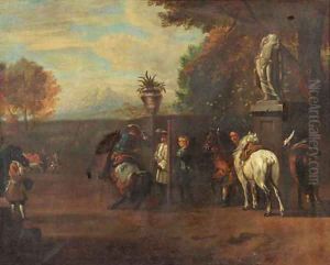 A hunting party and cavalrists at a riding school, in Italianate landscapes by Pieter van Bloemen