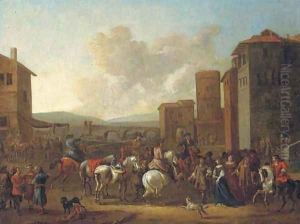 An Italianate town with horsemen, elegant figures and merchants, a bridge beyond by Pieter van Bloemen