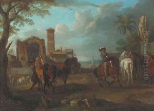 An Italianate town with Roman ruins and horsemen in the foreground by Pieter van Bloemen