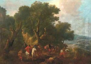 An Italianate wooded landscape with an ambush in the forground