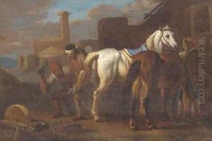 Farriers working on a horse in a village by Pieter van Bloemen