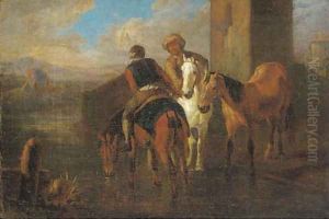 Riders at halt by a river in an Italianate landscape by Pieter van Bloemen