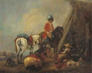 A cavalryman and a wine seller in a military encampment by Pieter van Bloemen