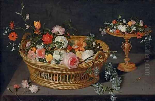 A basket of flowers with a tazza on a wooden ledge - view 1