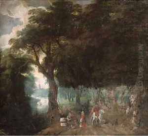 A wooded landscape with figures on a track, a church beyond