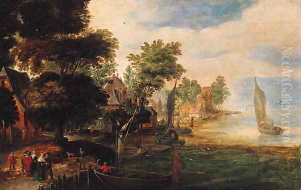 Elegant company with bargemen at a village landing stage - view 1