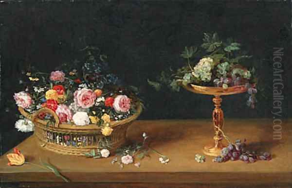 Roses, forget-me-nots, narcissi and other flowers in a basket - view 1