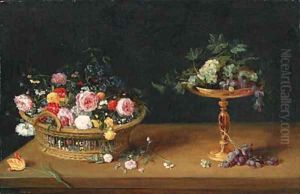 Roses, forget-me-nots, narcissi and other flowers in a basket