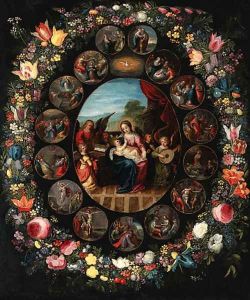 A garland of flowers surrounding a series ofroundels depicting the lives of the Virgin and of Christ