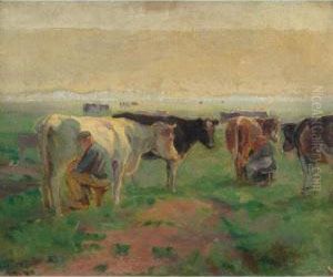 Milking Time In Norfolk by John Alfred Arnesby Brown