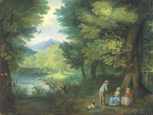 A wooded landscape with travellers at rest by a river