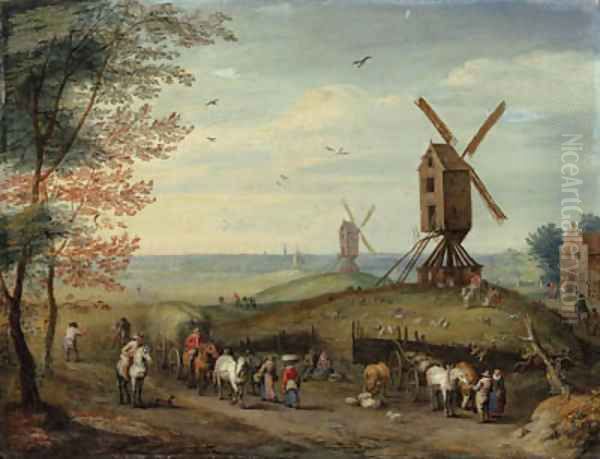 An autumn landscape with windmills and peasants harvesting - view 1