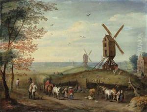 An autumn landscape with windmills and peasants harvesting