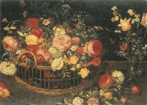 Roses, carnations and other flowers in a basket