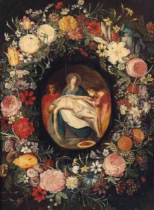 The Lamentation in a medallion surrounded by a garland of flowers