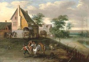 A landscape with farm labourers, their horses and wagons, buildings beyond by Jan Brueghel the Younger