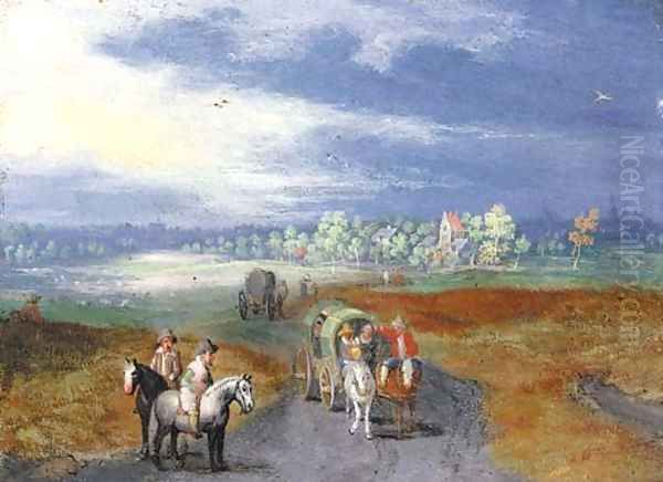 A panoramic landscape with travellers on a road, a town beyond - view 1