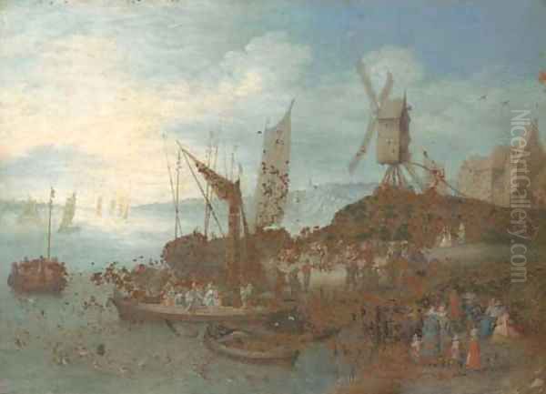 A river landscape with villagers and boats at a landing stage by a windmill - view 1
