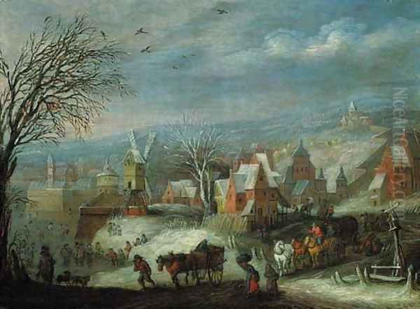 A winter landscape with travellers by a fortified town - view 1