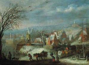 A winter landscape with travellers by a fortified town