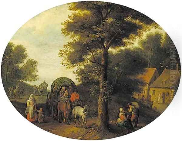 A wooded landscape with travellers in a wagon by a hamlet - view 1