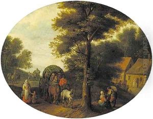 A wooded landscape with travellers in a wagon by a hamlet