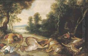 A wooded river landscape with a stag, a wolf, a fawn, a pheasant and other dead game
