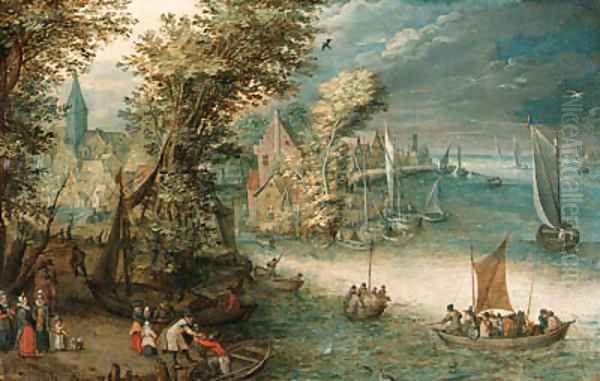 A wooded river landscape with travellers at a landing stage near a town, kaags, rowing boats and a ferry on the river - view 1