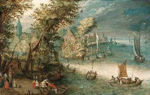 A wooded river landscape with travellers at a landing stage near a town, kaags, rowing boats and a ferry on the river