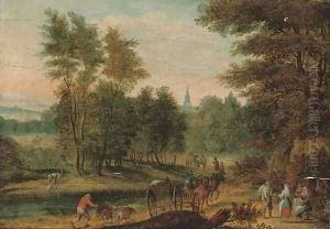 A wooded river landscape with travellers on a track, a church beyond