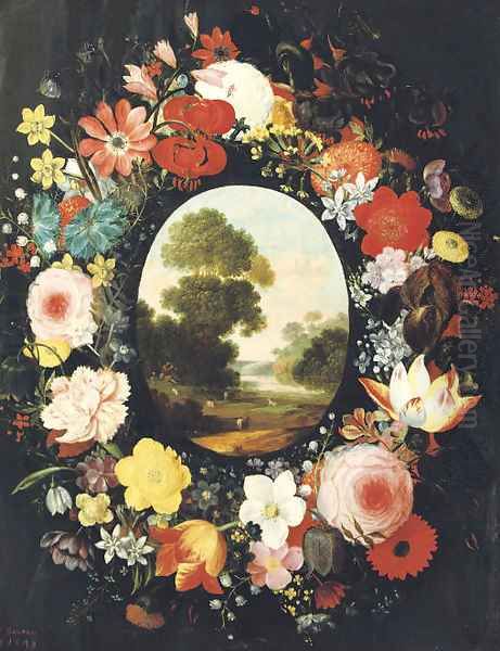 A wreath of roses, tulips, jasmine and other flowers surrounding an oval depicting a landscape - view 1